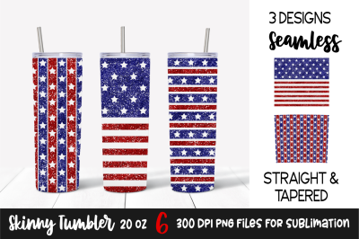 4th of July USA Stars and Stripes Glitter Tumbler Wrap PNG