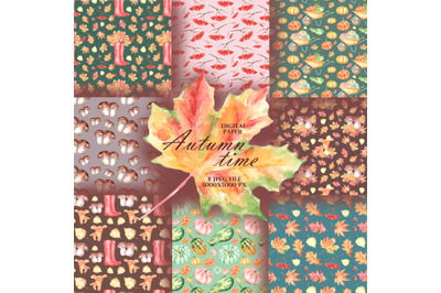 Fall watercolor seamless patterns. Autumn digital paper. Watercolor