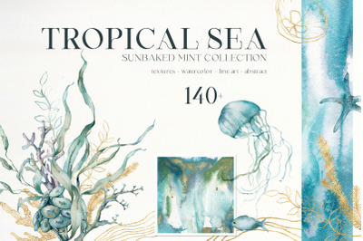TROPICAL SEA watercolor ocean animals &amp;amp; abstract blue textures