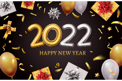 Happy new 2022 year. Banner with realistic golden balloon numbers, gif