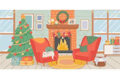 Christmas living room interior. New year home decoration, xmas tree wi