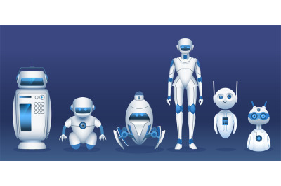 Robot characters. Cartoon futuristic robots, androids, cyborgs and bot