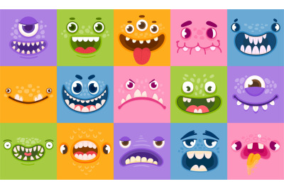 Monster faces. Funny cartoon monsters heads, eyes and mouths. Scary ch