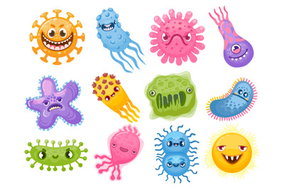 Cartoon viruses. Germ and bacteria with evil faces. Bad pathogen micro