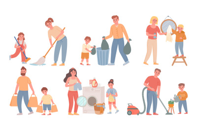 Kids and parents cleaning. Children helps adults with housework, sweep