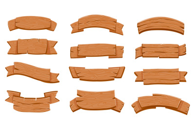 Wooden ribbon signboards. Cartoon wood curved banners for game. Textur