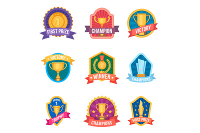 Champion emblems. Trophy cups and medals on award logos and sport leag