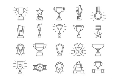 Champion line icons. Winner medals, award trophy cups and first prize