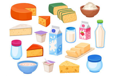 Dairy products. Cheese slices, milk in bottle, box and glass, yoghurt,