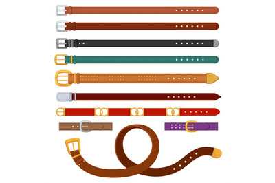 Leather belts. Female and male belt with metal or golden buckles. Fash