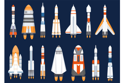 Space rockets. Flat spaceship shuttles launched for cosmic explore mis