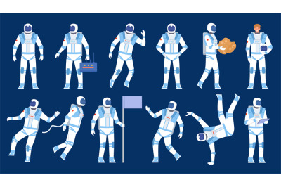 Astronaut poses. Spaceman dancer, stand with flag, float in space. Fla