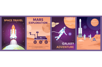 Space exploring poster. Galaxy landscape with rocket, planets and astr