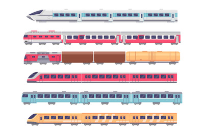 Passenger trains. Cartoon subway, express and cargo train. Underground