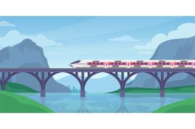 Train on bridge. Mountain landscape with speed electric train on railw