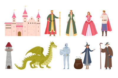 Fairytale characters. Cartoon medieval prince and princess, dragon, kn