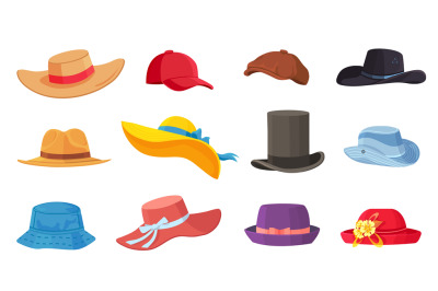 Cartoon hats. Female and male headwear, derby and cowboy, straw hat, c