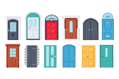 Front doors. Cartoon vintage house wooden doorway. Door with glass win