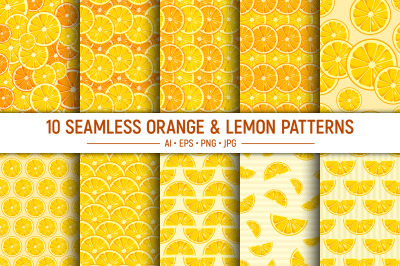 10 lemon and oranges seamless vector patterns