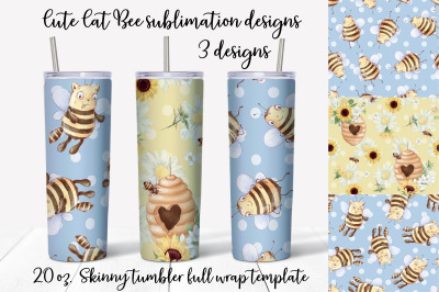 Cut Cat Bee sublimation design Skinny tumbler wrap design