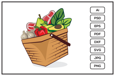 Fruits and vegetables in the basket design illustration