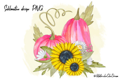 Pink pumpkins with sunflowers sublimation design