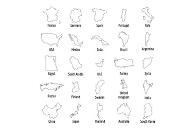 Map country icon set, outline style