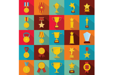 Medal award icon set, flat style