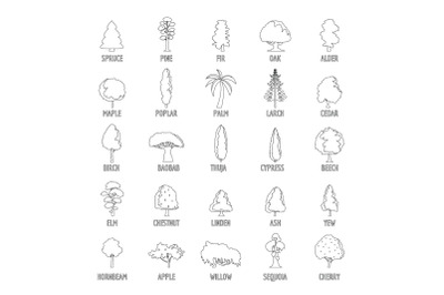 Tree types icons set, outline style