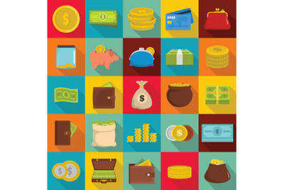 Money icons set, flat style