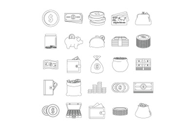 Money types icons set, outline style