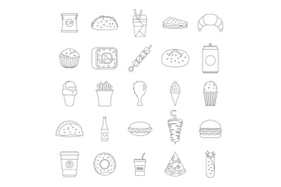 Fast food icons set, outline style