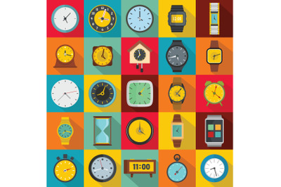 Time and clock icons set, flat style