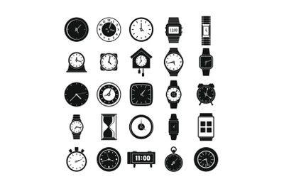 Time and clock icons set, simple style