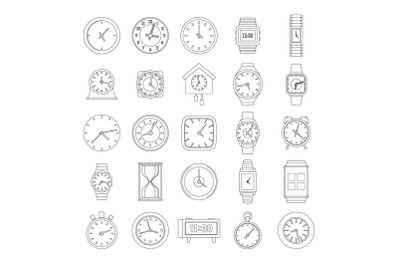 Time and clock icons set, outline style