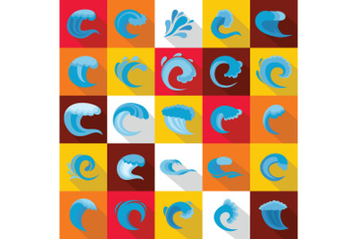 Water wave icons set, flat style