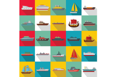 Marine vessels types icons set, flat style