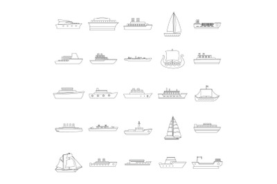 Marine vessels types icons set, outline style