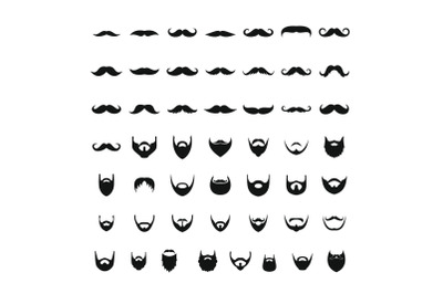 Mustache and beard icons set, simple style