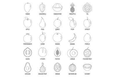 Fruits icons set, outline style
