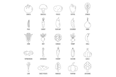 Vegetables icons set, outline style