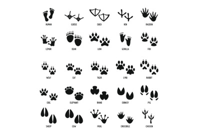 Animal footprint icons set, simple style