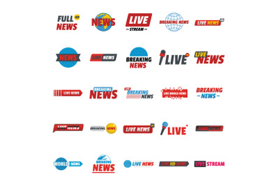 News live breaking label icons set, flat style