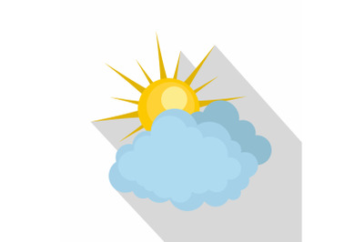 Blue cloudy sun icon, flat style