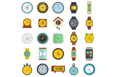 Time and clock icons set, flat style