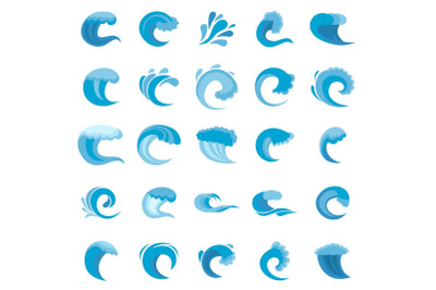 Water wave icons set, flat style