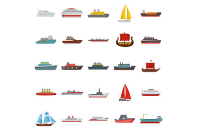 Ship and boats icons set, flat style