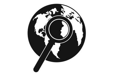 Magnifier on earth icon, simple style.