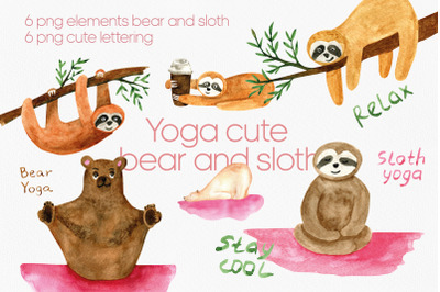 Cute sloth and yoga bear watercolor