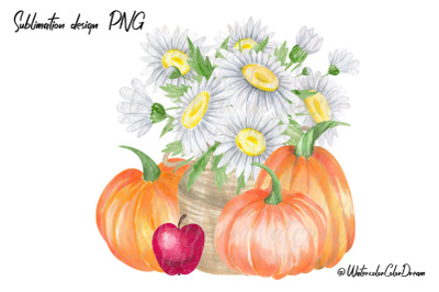 Autumn pumpkins with flowers. Sublimation design